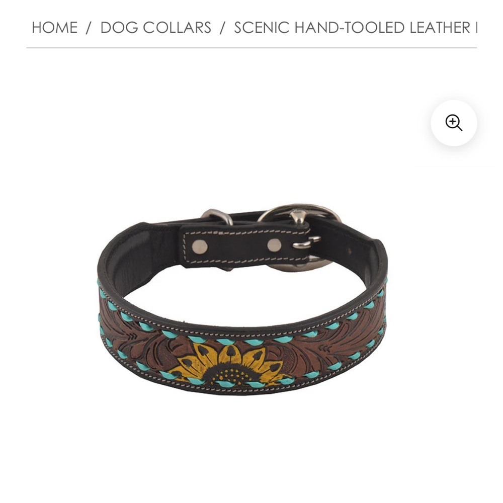 Myra Bag 100% Genuine Leather Hand-Tooled Dog Collar, Size M. Brown/Sunflower. - Picture 2 of 6